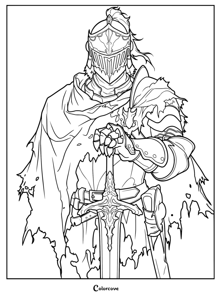 Alva el Caminante de Dark Souls II vistiendo una ornamentada armadura de placas y una capa harapienta, sosteniendo una espada larga, página para colorear.