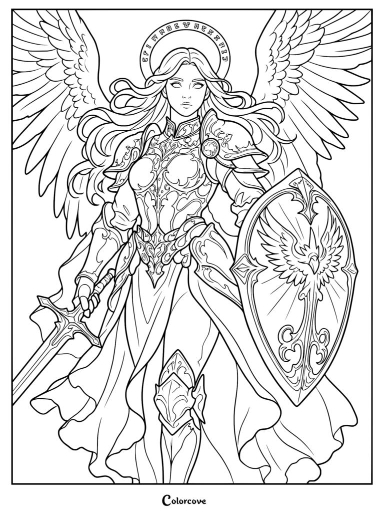 Página para colorear de un Caballero ángel alado sosteniendo una espada y un Escudo con un Fénix con un halo brillante.