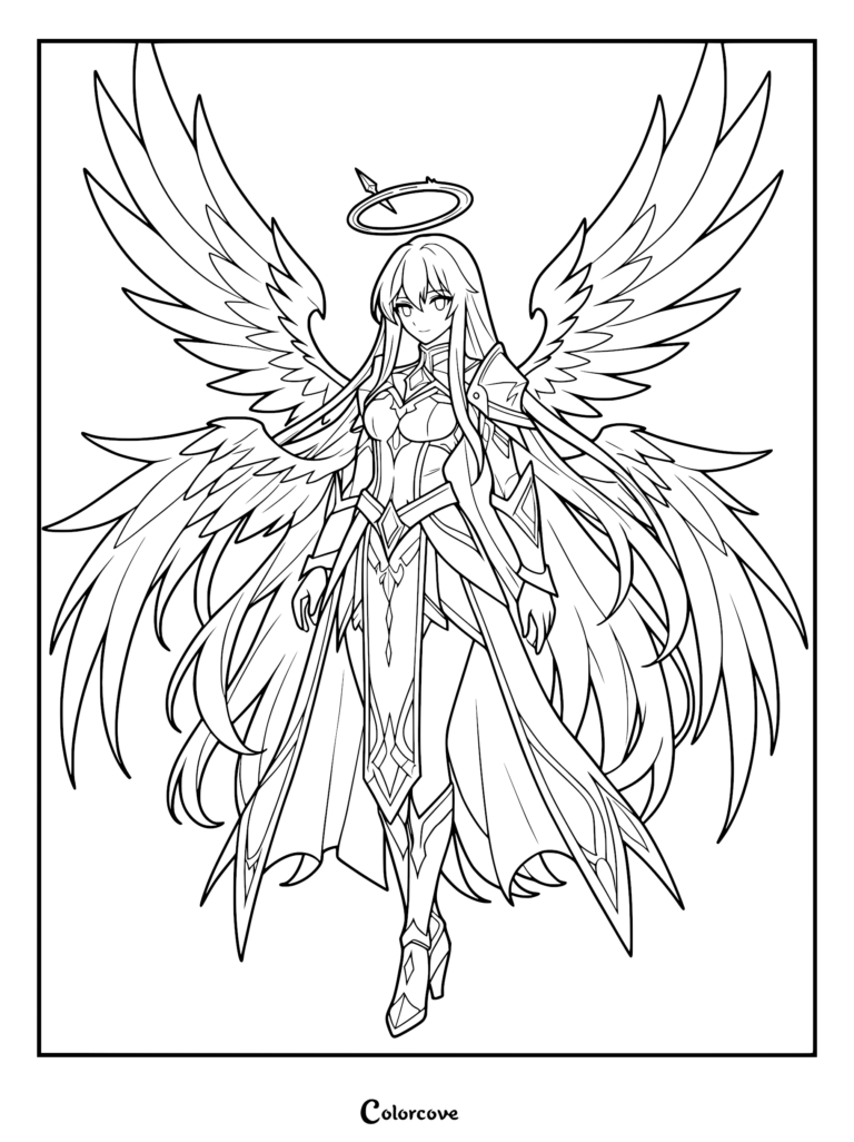 Caballero mujer estilo anime con grandes alas de plumas y un halo en esta página para colorear de arte lineal detallado.