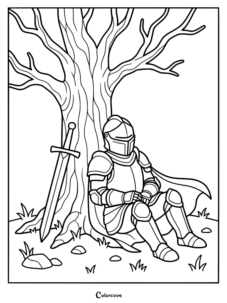 Un Caballero con Armadura de placas sentado y descansando contra un gran árbol con una espada apoyada cerca, página para colorear de arte lineal.