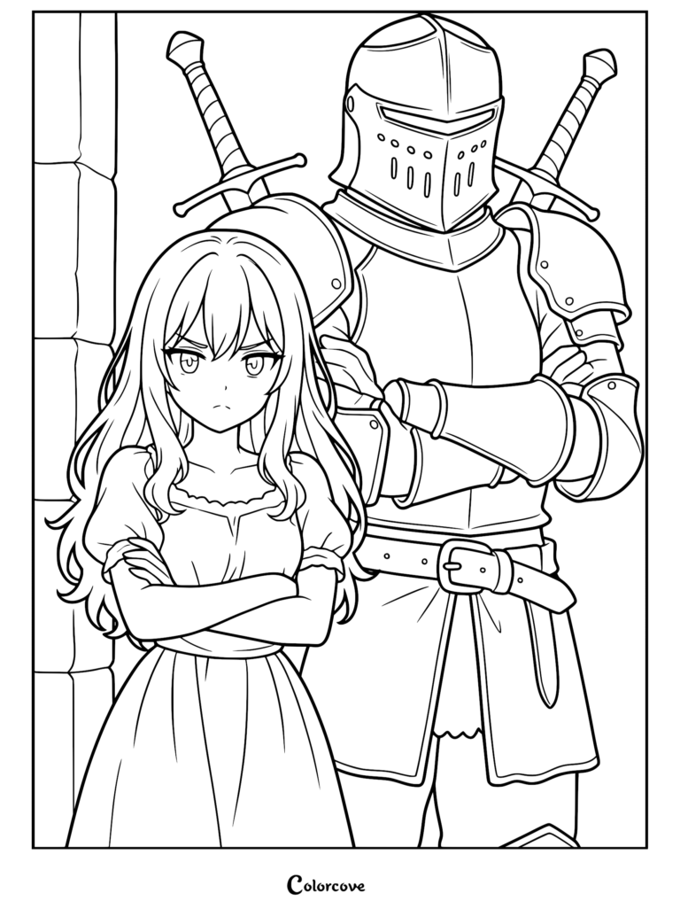 Chica de anime con los brazos cruzados de pie frente a un caballero con armadura de placas completa con dos espadas en la espalda, página para colorear.