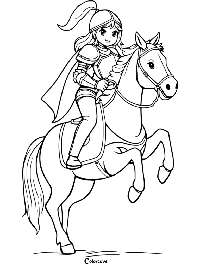 Una Caballero mujer con armadura montando un caballo en esta página para colorear gratuita.