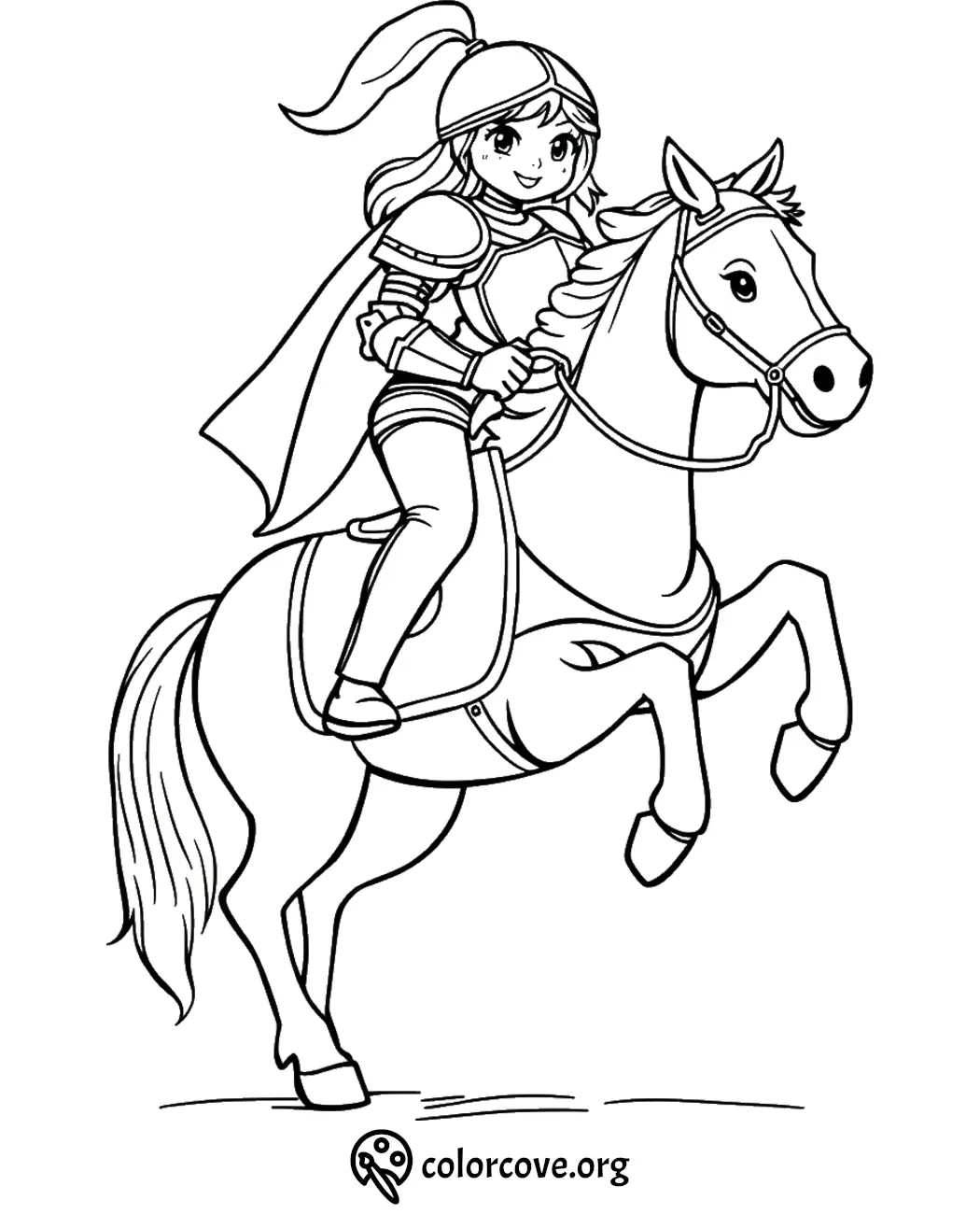 Knight girl on a horse coloring page, perfect for kids who love adventure and medieval themes.