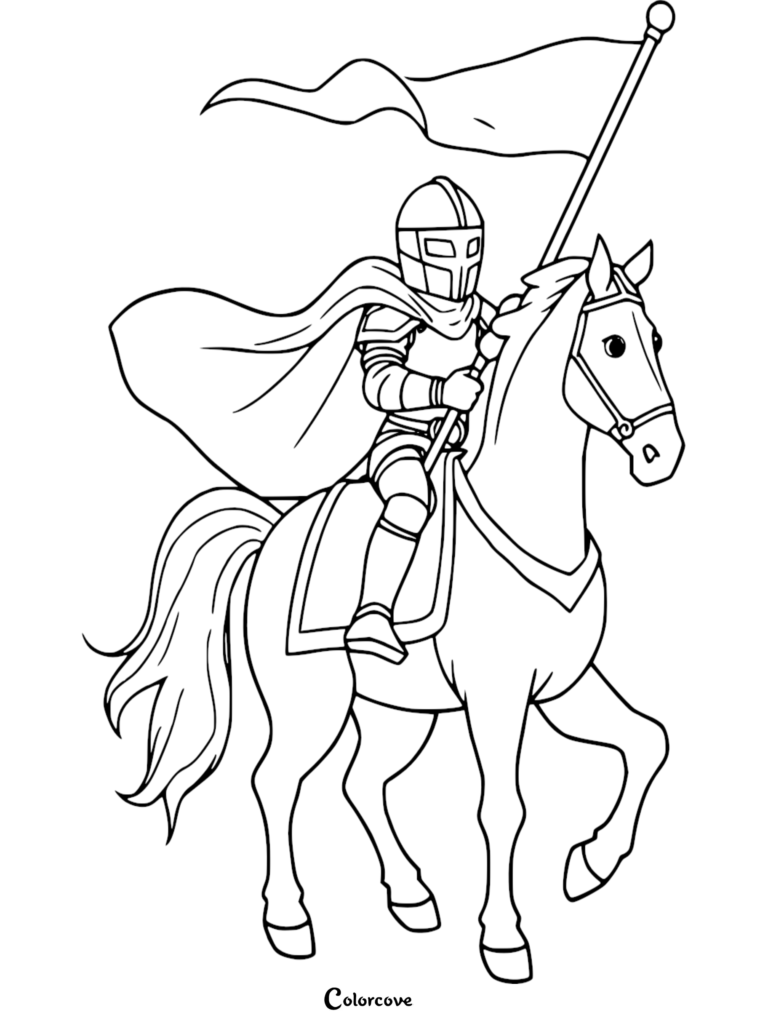 Un Caballero con armadura montando un caballo y sosteniendo una bandera, destacado en esta página para colorear gratuita.