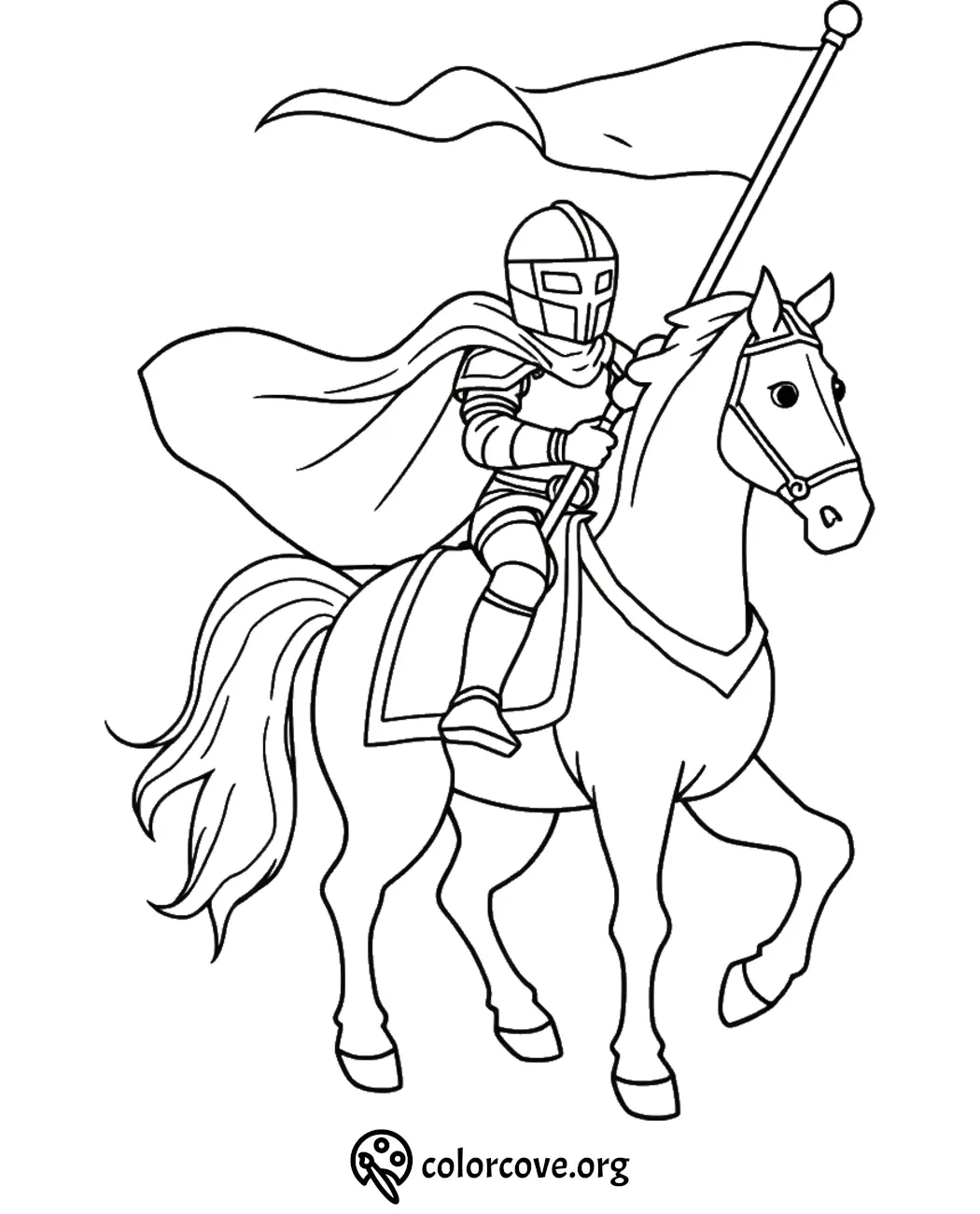 Knight on horseback with flag, ready for coloring. Medieval knight coloring page for kids and adults.