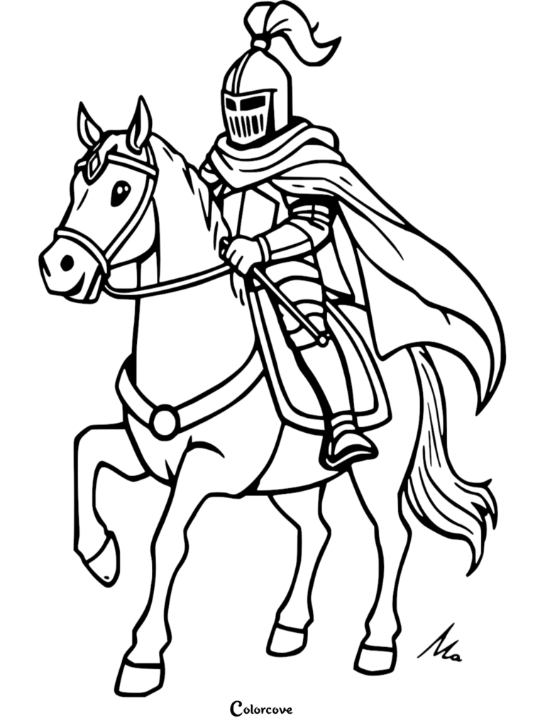Un Caballero con armadura completa y una capa ondeante montando un caballo, destacado en esta página para colorear gratuita.