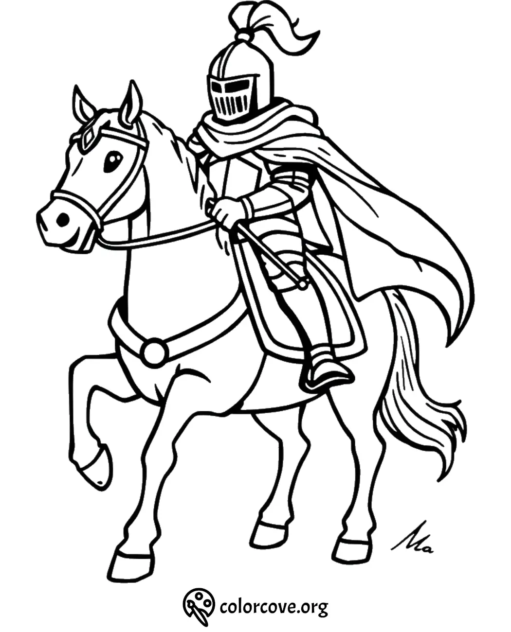 Knight on horseback coloring page with detailed armor and flowing cape for kids and adults at colorcove.org.