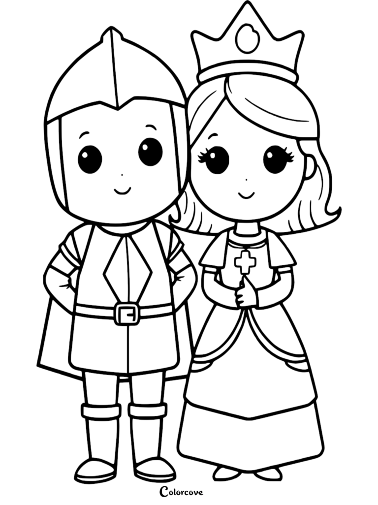 Un lindo caballero Chibi con armadura de pie junto a una Princesa usando una corona en esta página para colorear imprimible gratuita.