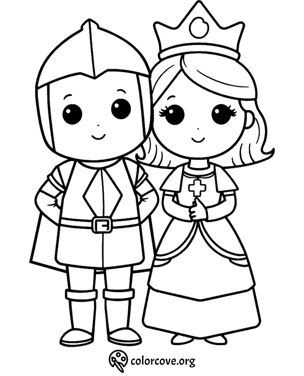 Cute knight and princess coloring page for kids. Fun, printable activity for creative play and learning.