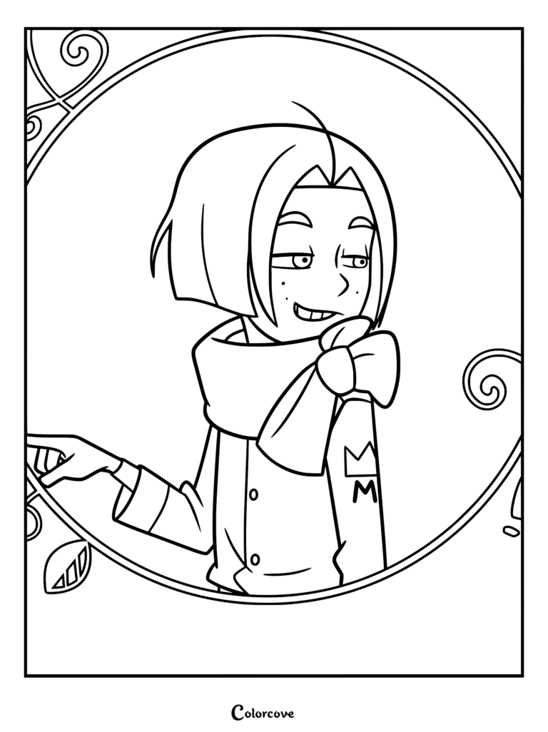 A printable coloring page featuring Andi, the android surgeon from Knights of Guinevere, wearing a scarf and a jacket with an M logo, framed within an ornate circular border.