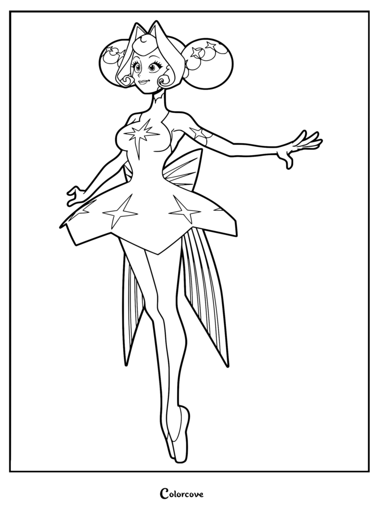 A printable coloring page featuring Guinevere from Knights of Guinevere dressed in a star-patterned ballerina outfit with a large bow and ballet slippers.