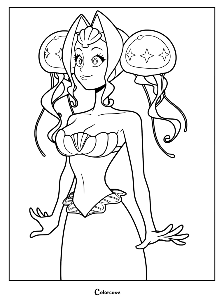 A printable coloring page featuring Guinevere from Knights of Guinevere depicted as a mermaid with jellyfish-inspired hair accessories, a seashell top, and flowing hair.