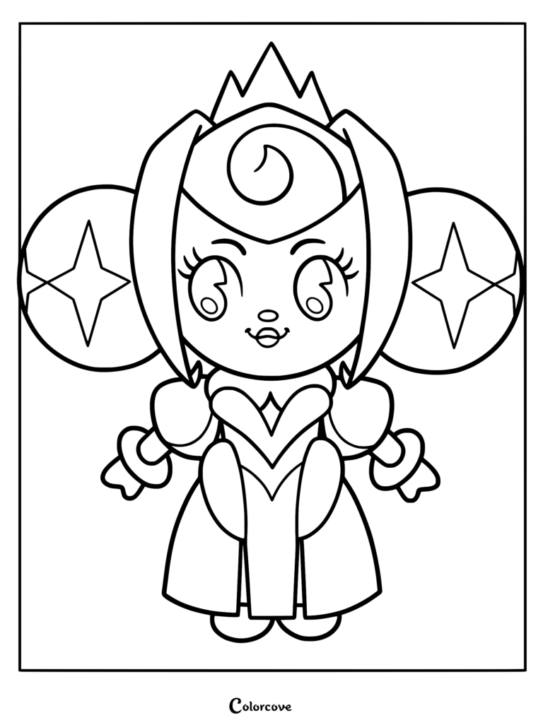 A printable coloring page featuring a cute, chibi-style plush version of Princess Guinevere from Knights of Guinevere, showing her wearing a crown and large circular hair ornaments with star designs.