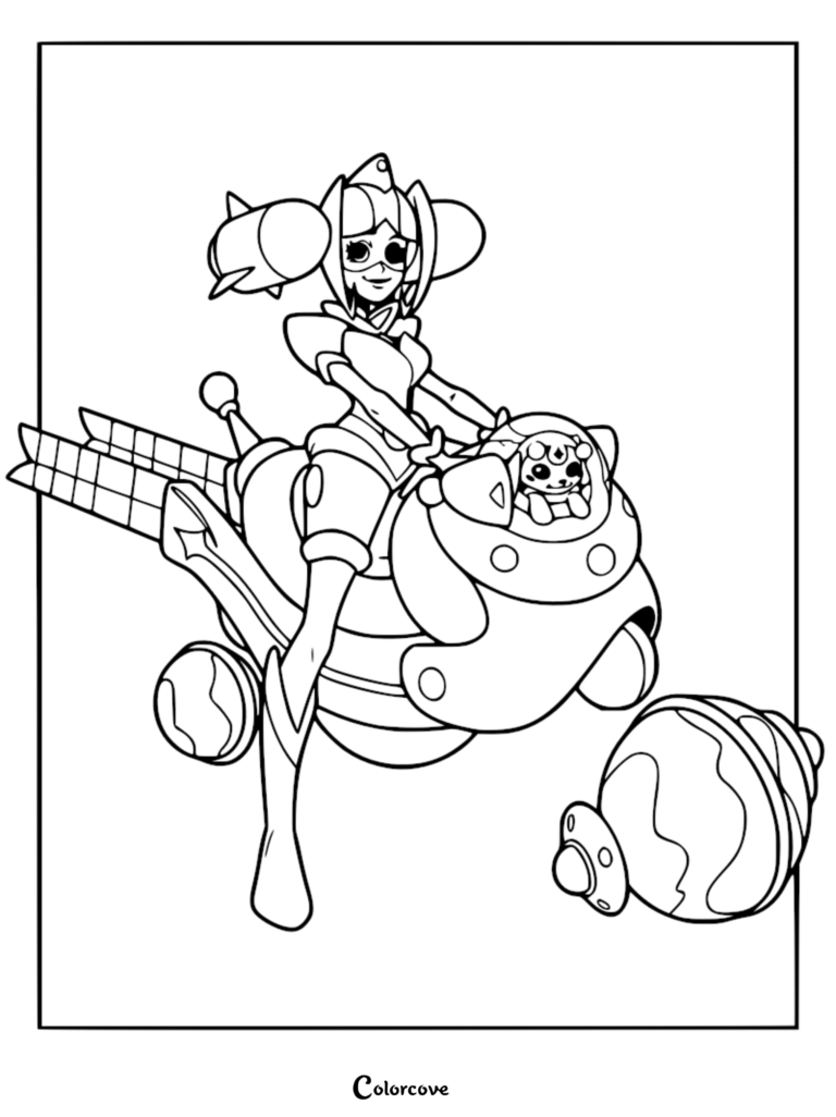 Guinevere from Knights of Guinevere riding a futuristic hover-racer with a small creature in the cockpit, printable coloring page.