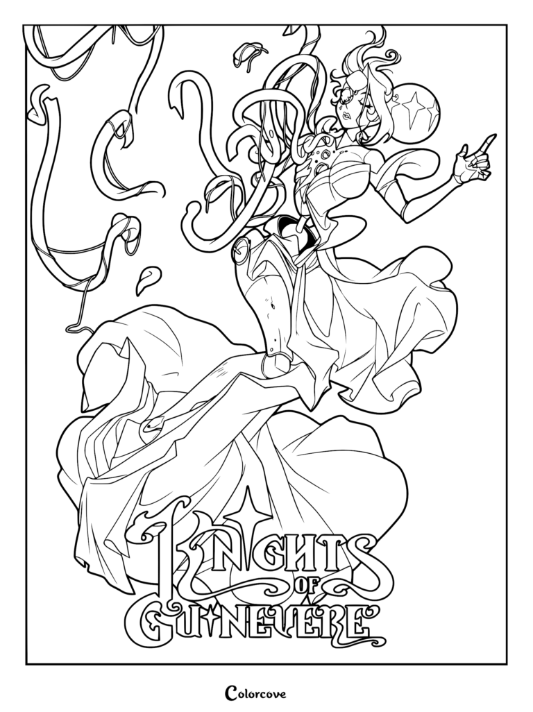 A detailed line art coloring page featuring Princess Guinevere from Knights of Guinevere, showing the android mascot floating with flowing ribbons and the series logo below.