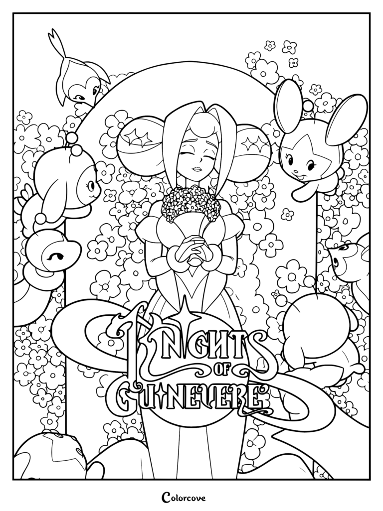 A printable coloring page featuring Guinevere holding a bouquet of flowers, surrounded by small Park Planet creatures against a floral archway background with the Knights of Guinevere logo.
