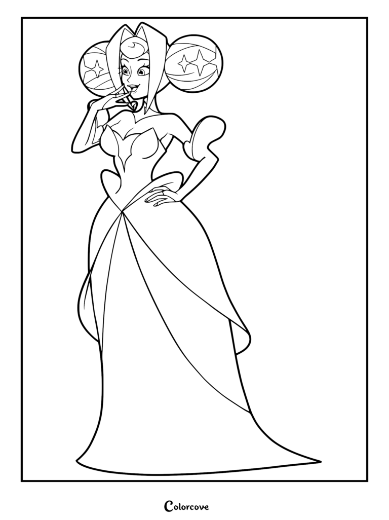 A detailed coloring page of Princess Guinevere from Knights of Guinevere, featuring her iconic spherical star-patterned hair buns, elegant medieval-style gown, and a confident pose.