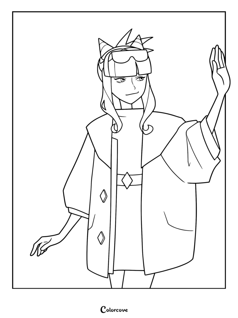 A printable coloring page featuring a line art illustration of teenage Olivia Park wearing a futuristic coat with diamond-shaped buttons, goggles on her head, and holding one hand up in a wave.