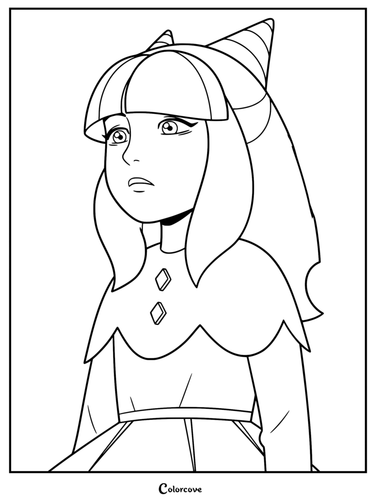 A detailed black and white coloring page featuring a young Olivia Park with a bob haircut, wearing a decorative collar with diamond-shaped accents, looking upward with a curious expression.