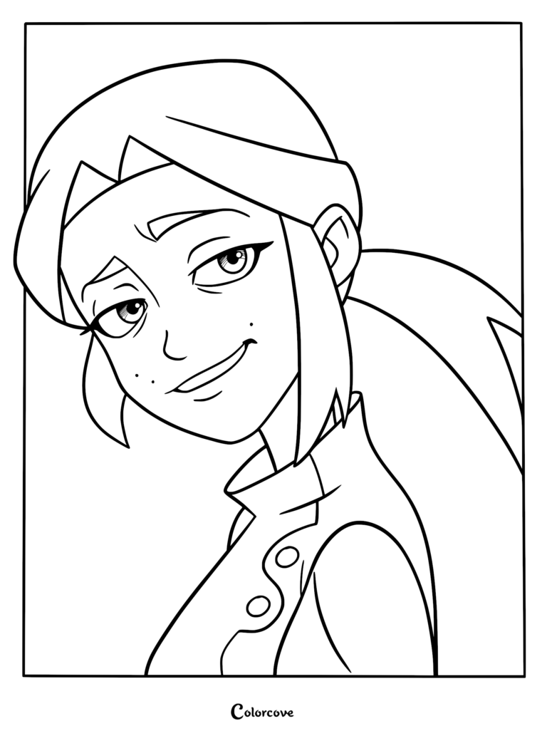 A printable coloring page featuring a close-up portrait of Andi, the jaded android surgeon from Knights of Guinevere, with her signature ponytail and tired expression.