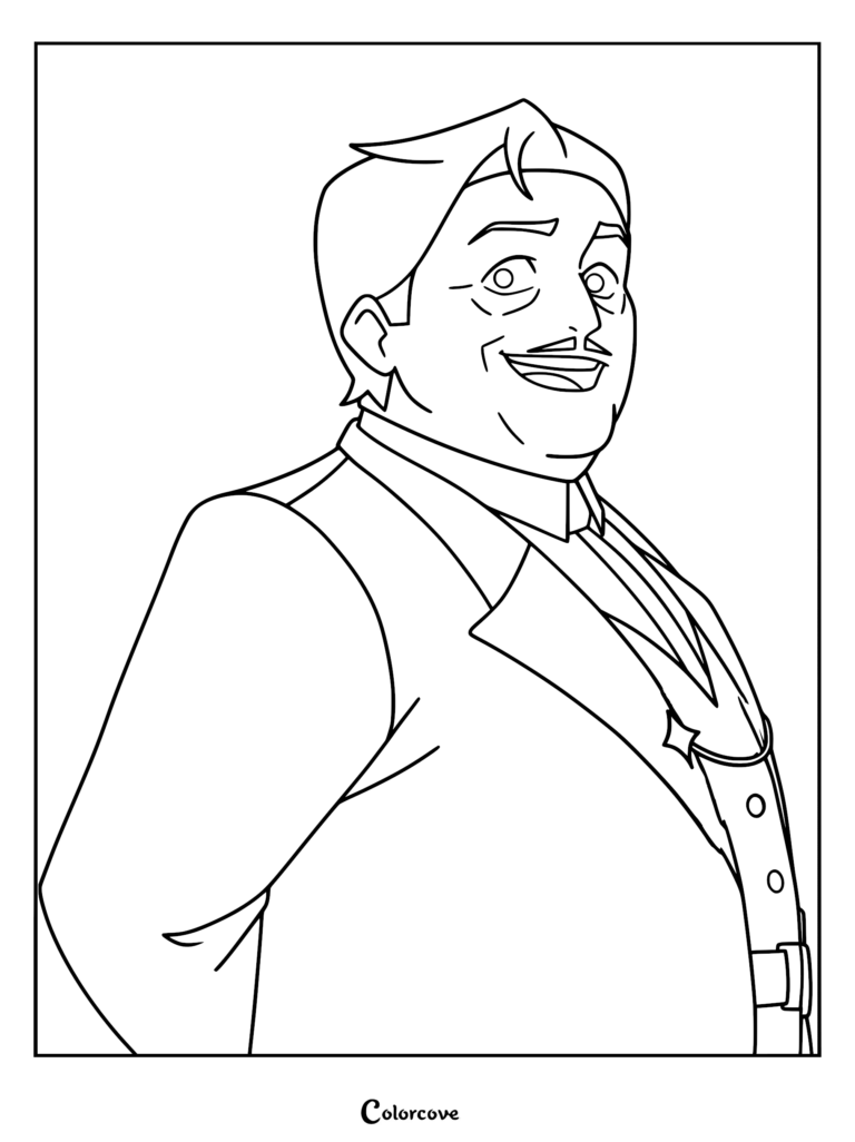 A black and white line art coloring page featuring Orville Park from Knights of Guinevere, showing his head and shoulders in a formal suit with a mustache and a pocket watch chain.