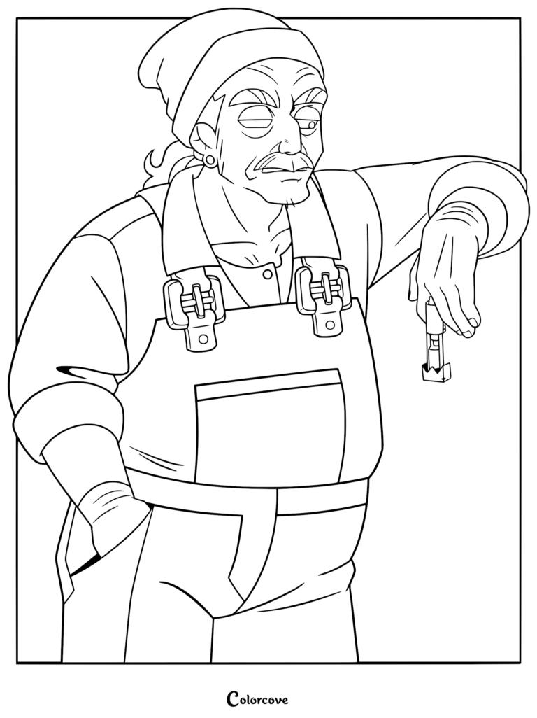 A printable coloring page featuring Sparky, the salvage boat operator from Knights of Guinevere, wearing a beanie and overalls while holding a small mechanical component.
