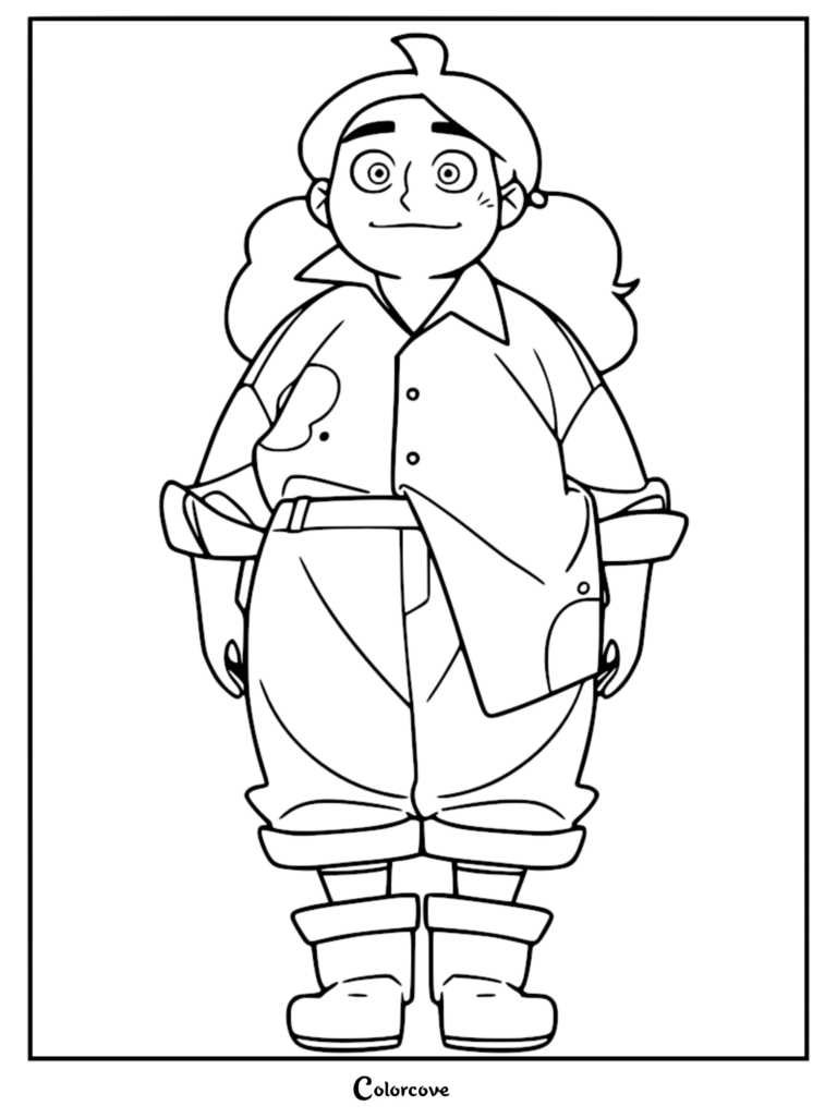 A printable coloring page featuring Frankie, the imaginative factory worker from Knights of Guinevere, shown in a full-body line art illustration wearing a button-down shirt, cuffed pants, and sturdy boots.