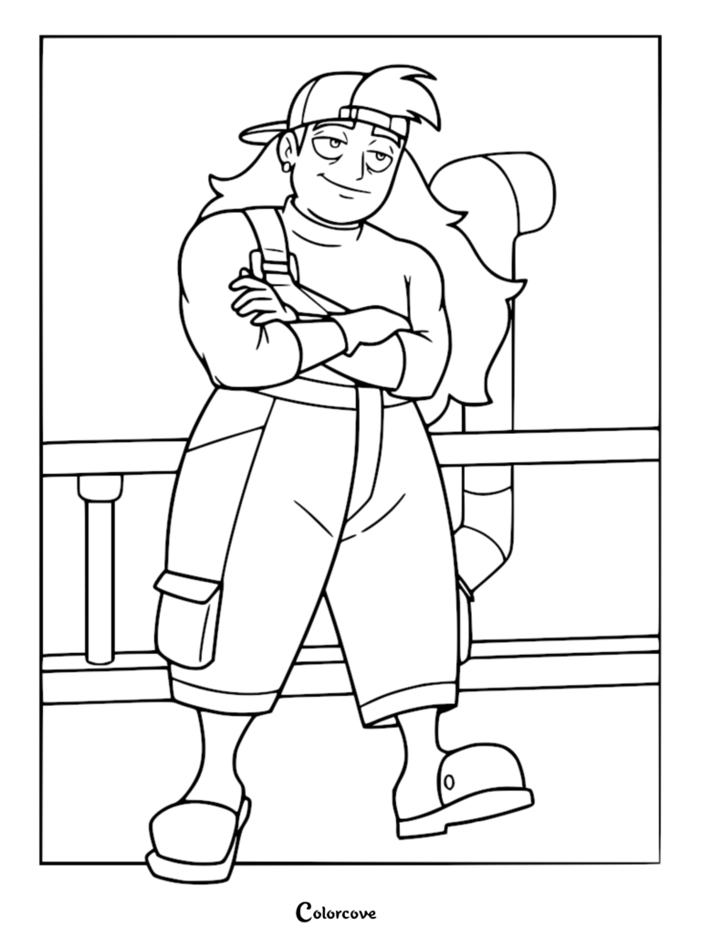 A printable coloring page featuring Frankie, the imaginative factory worker from Knights of Guinevere, wearing a backwards baseball cap and work overalls with arms crossed.