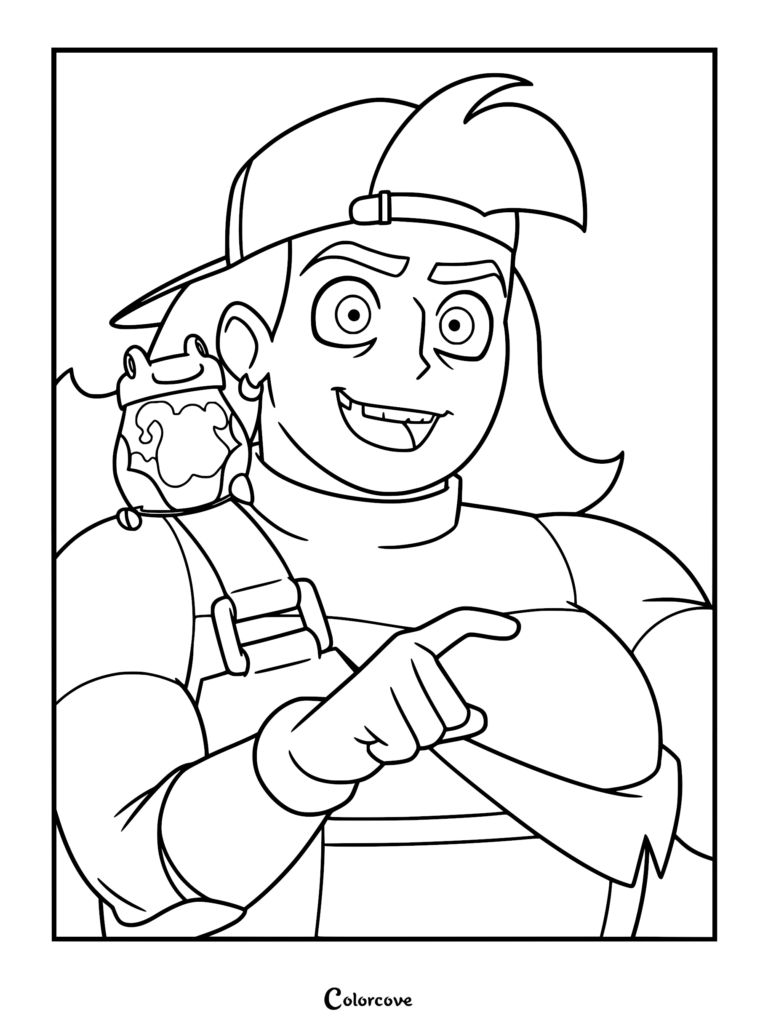 A printable coloring page featuring Frankie from Knights of Guinevere wearing a backwards baseball cap with a small frog perched on her shoulder, pointing forward with a confident smile.