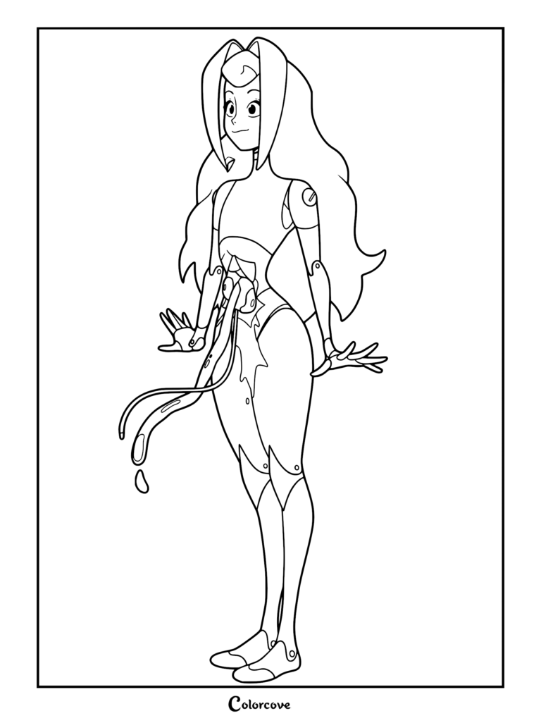 A printable coloring page featuring Guinevere, the android princess from Knights of Guinevere, showing exposed mechanical wiring at her midsection and ball-jointed limbs.