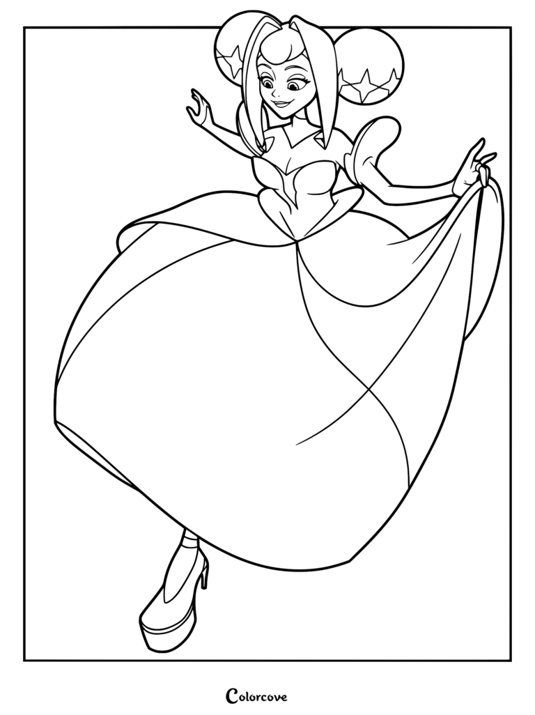 A printable coloring page featuring Princess Guinevere from Knights of Guinevere, wearing a large ballgown and star-patterned hair buns while dancing.