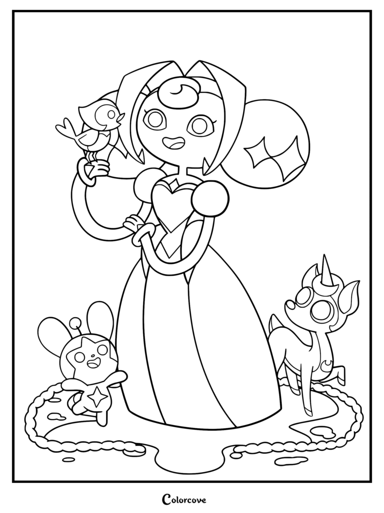 A printable coloring page featuring Princess Guinevere from Knights of Guinevere standing with a small bird on her hand, a cheerful creature, and a unicorn-like deer in a meadow.