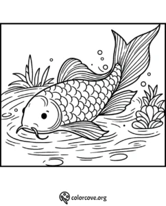 Koi fish coloring page with intricate scales and flowing fins, swimming in a pond with plants.
