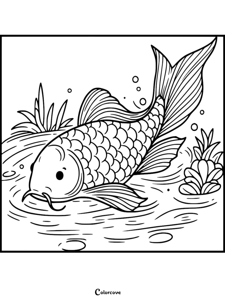A detailed koi fish swimming in a pond with aquatic plants, presented as a free printable coloring page.