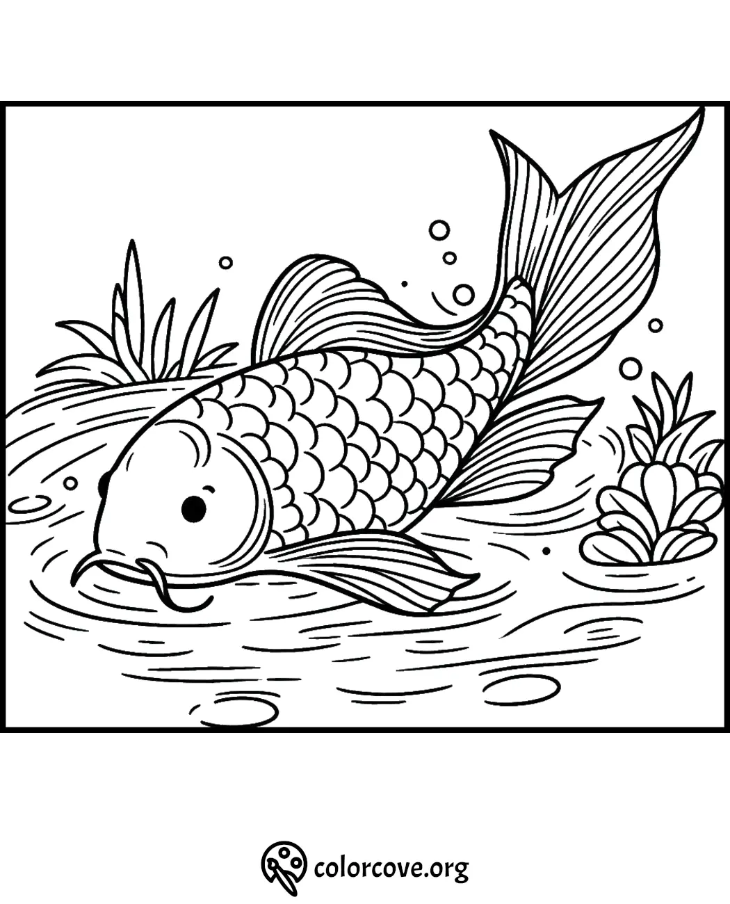 Koi fish coloring page with intricate scales and flowing fins, swimming in a pond with plants.