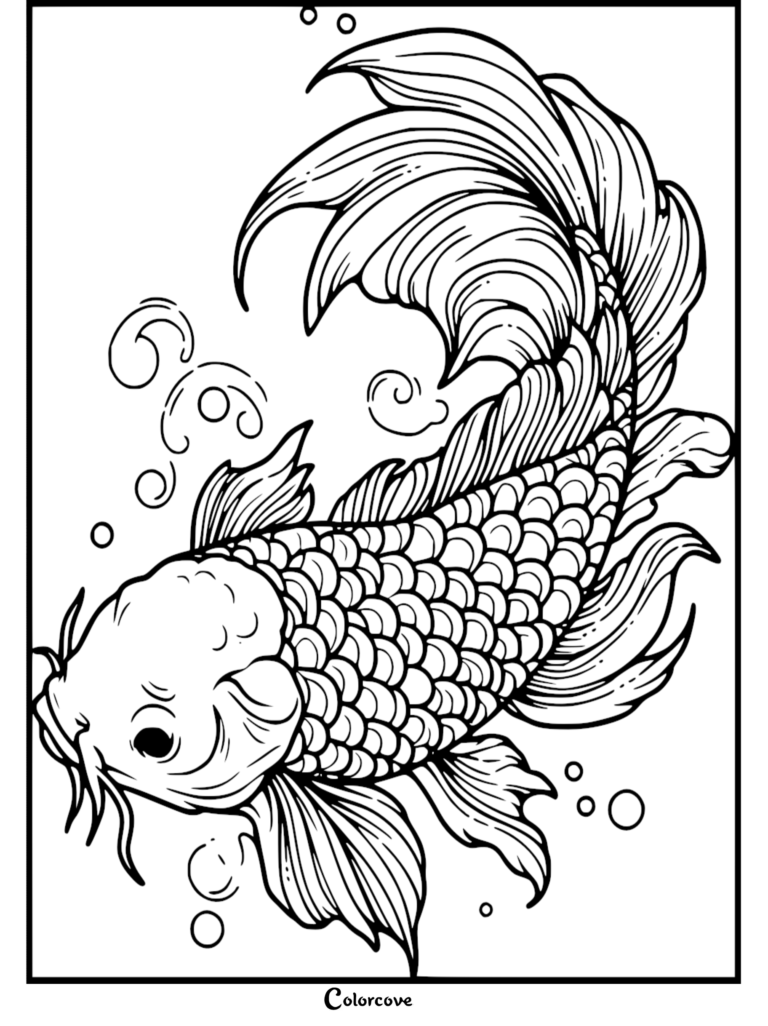 A detailed koi fish swimming with flowing fins and bubbles in this free printable coloring page.