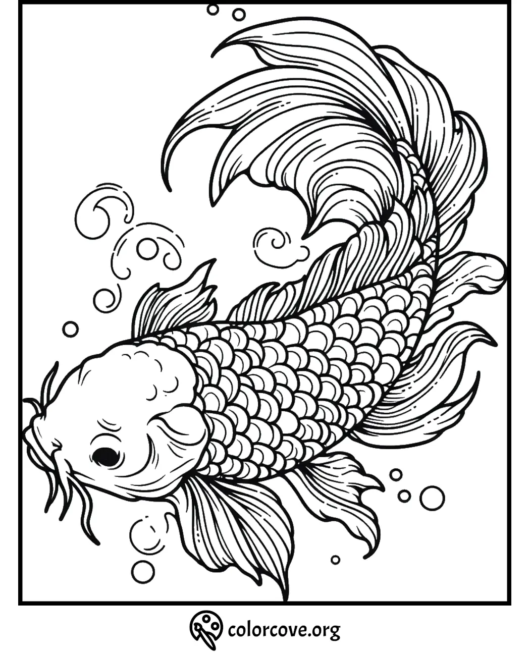 Koi fish coloring page with detailed scales and flowing fins for artistic coloring fun.