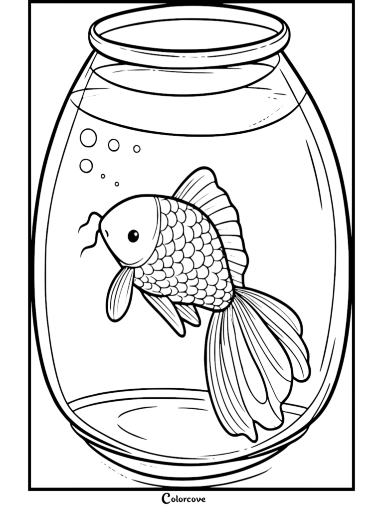 A detailed Koi coloring page featuring a single fish swimming inside a round glass bowl with bubbles.