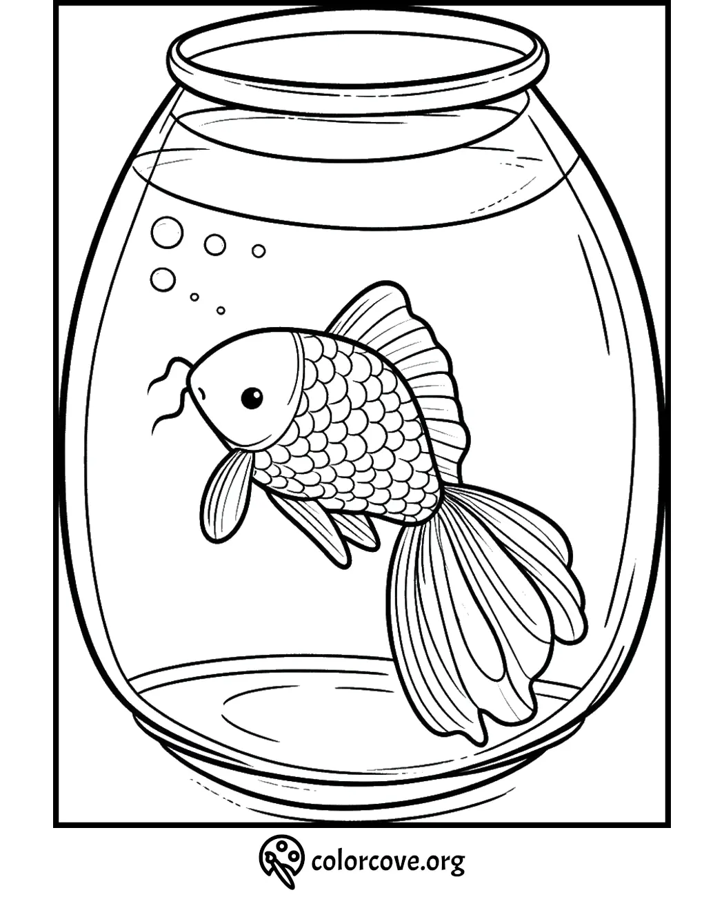 Goldfish coloring page in a fishbowl with bubbles, outline drawing for kids and art activities.