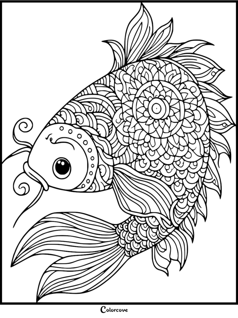 Intricate mandala style koi fish coloring page with detailed scales and flowing fins.