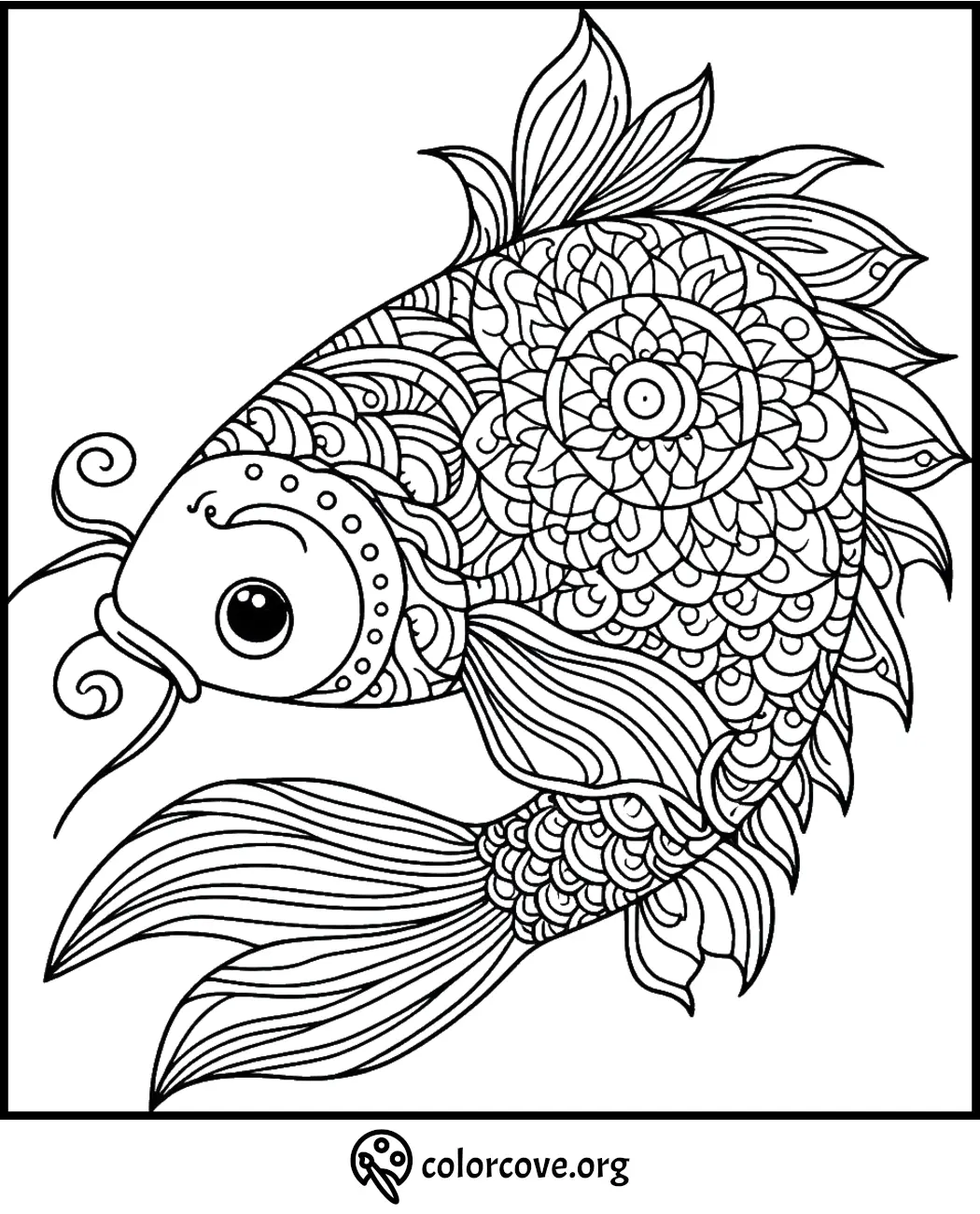 Intricate fish coloring page with detailed patterns for stress relief and creativity, perfect for adult coloring enthusiasts.