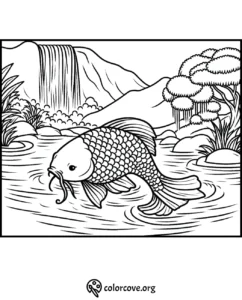 Coloring page of a koi fish swimming in a pond with a waterfall and trees in the background.