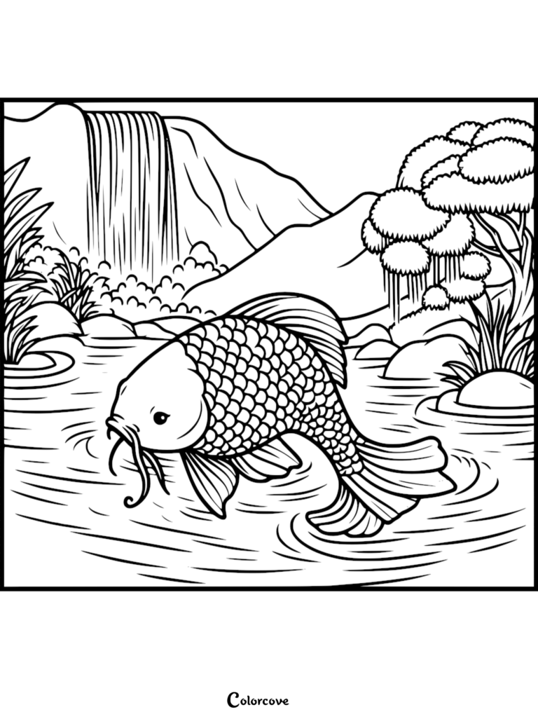 A detailed koi fish swimming in a pond with a waterfall and trees in the background, presented as a free printable coloring page.