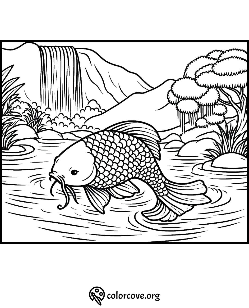 Coloring page of a koi fish swimming in a pond with a waterfall and trees in the background.