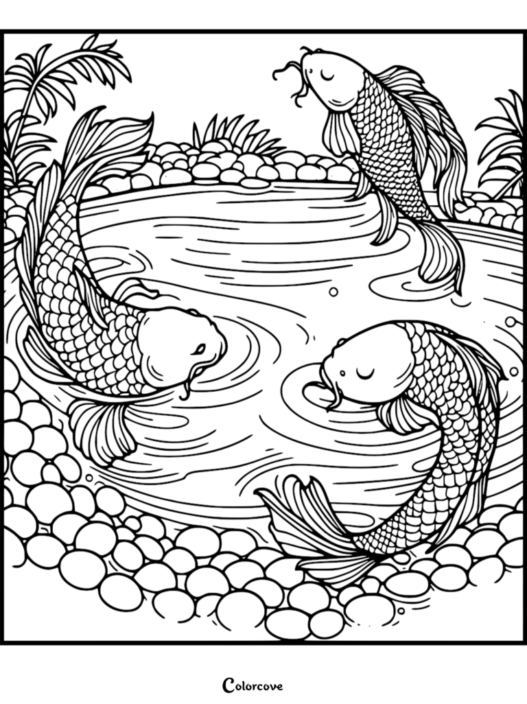 Three koi fish swimming in a pebble-lined pond in this detailed printable coloring page.