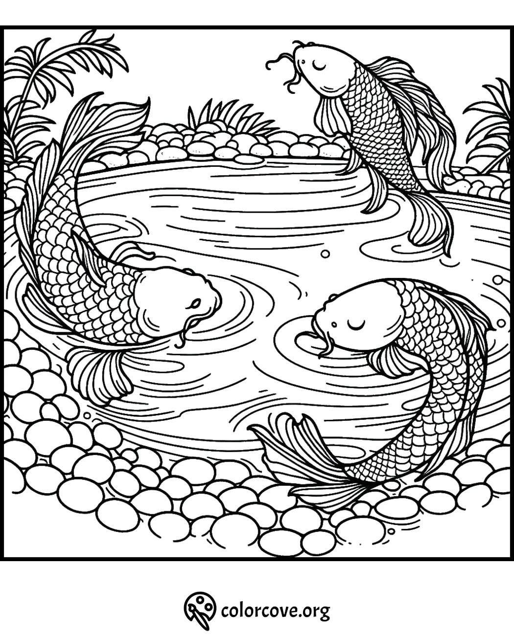 Koi fish in a tranquil pond coloring page, ideal for relaxation and creativity.