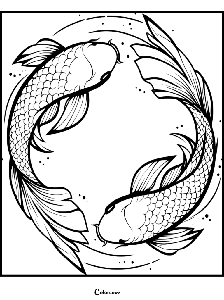 Two koi fish swimming in a circular yin yang pattern on this printable coloring page.