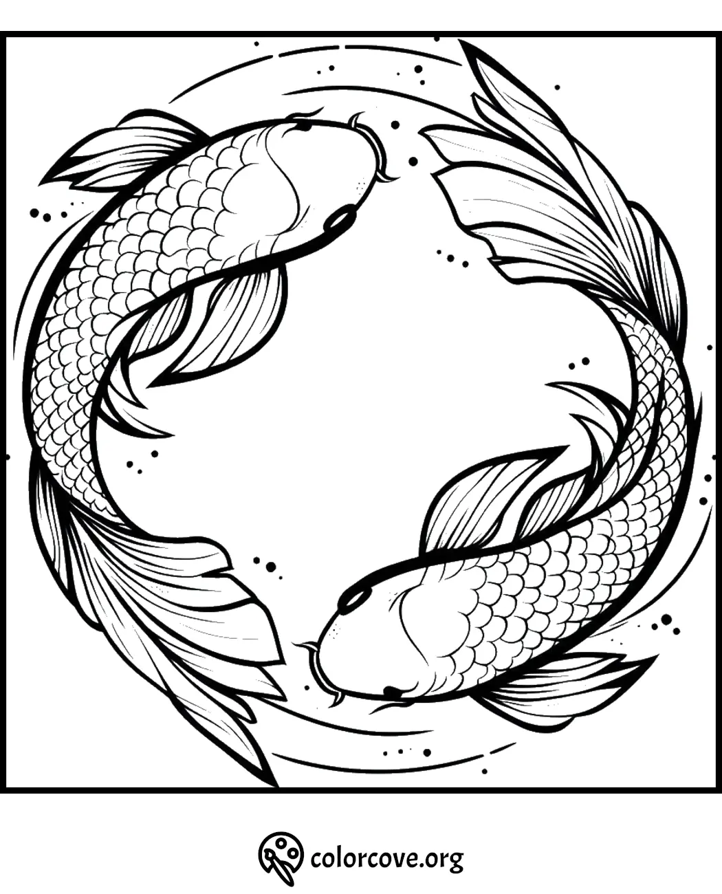 Koi fish coloring page with two fish in a circular pattern, perfect for relaxation and creativity.