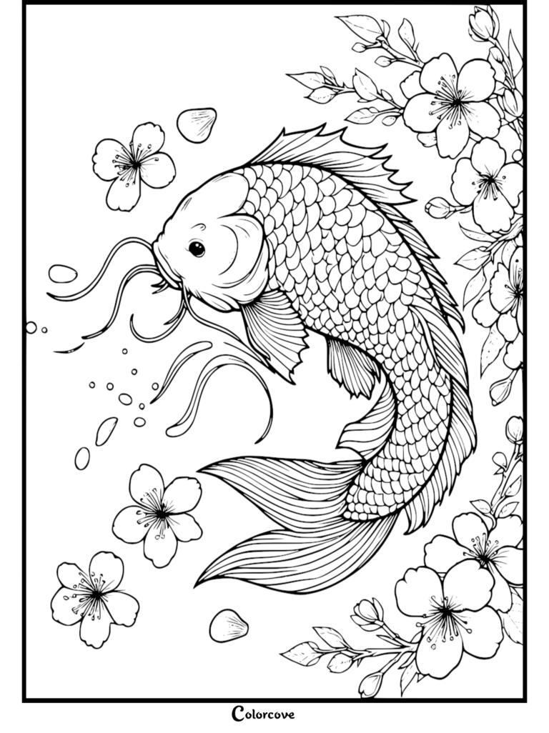 A detailed Koi coloring page featuring a swimming fish surrounded by delicate cherry blossoms and floating petals.