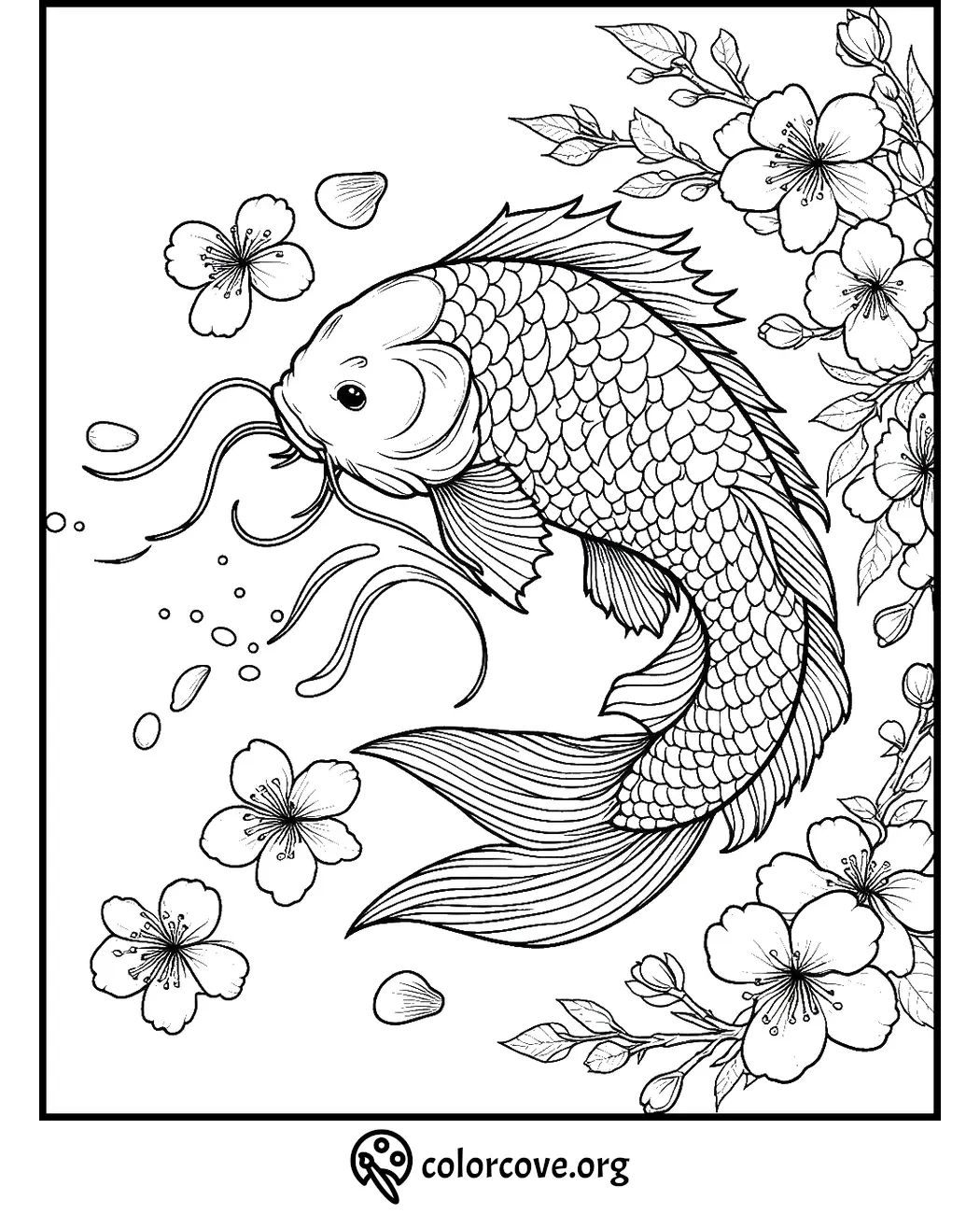 Koi fish coloring page with floral elements and a printable design for relaxation and creativity.